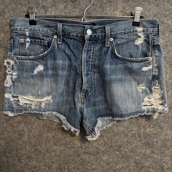 Agolde Shorts Womens 27 Blue Parker Distressed Denim High Rise Cut Off Raw Hem - Picture 1 of 12